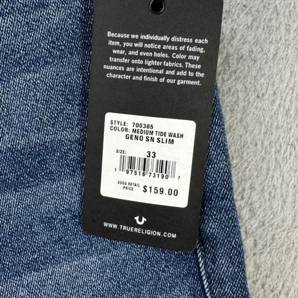 True Religion Men Geno Relaxed Slim Fit Jeans 33 Blue Stretch 5 Pocket Denim NEW